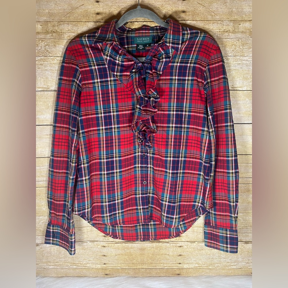 Lauren Ralph Lauren Red Blue Plaid Ruffle Front Shirt 100% Cotton LRL sz M